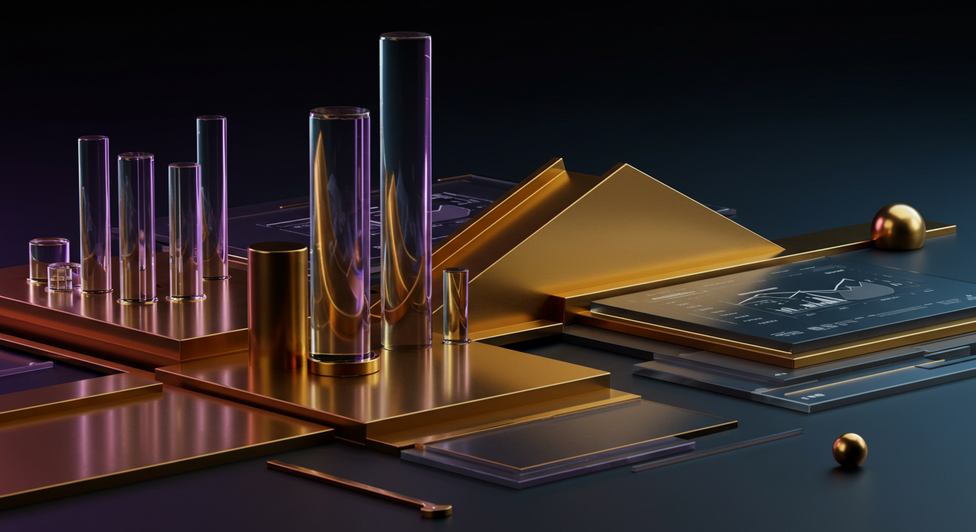 Abstract still life of gold and glassy purple metal plates and cylindrical rods arranged on a dark gradient background.