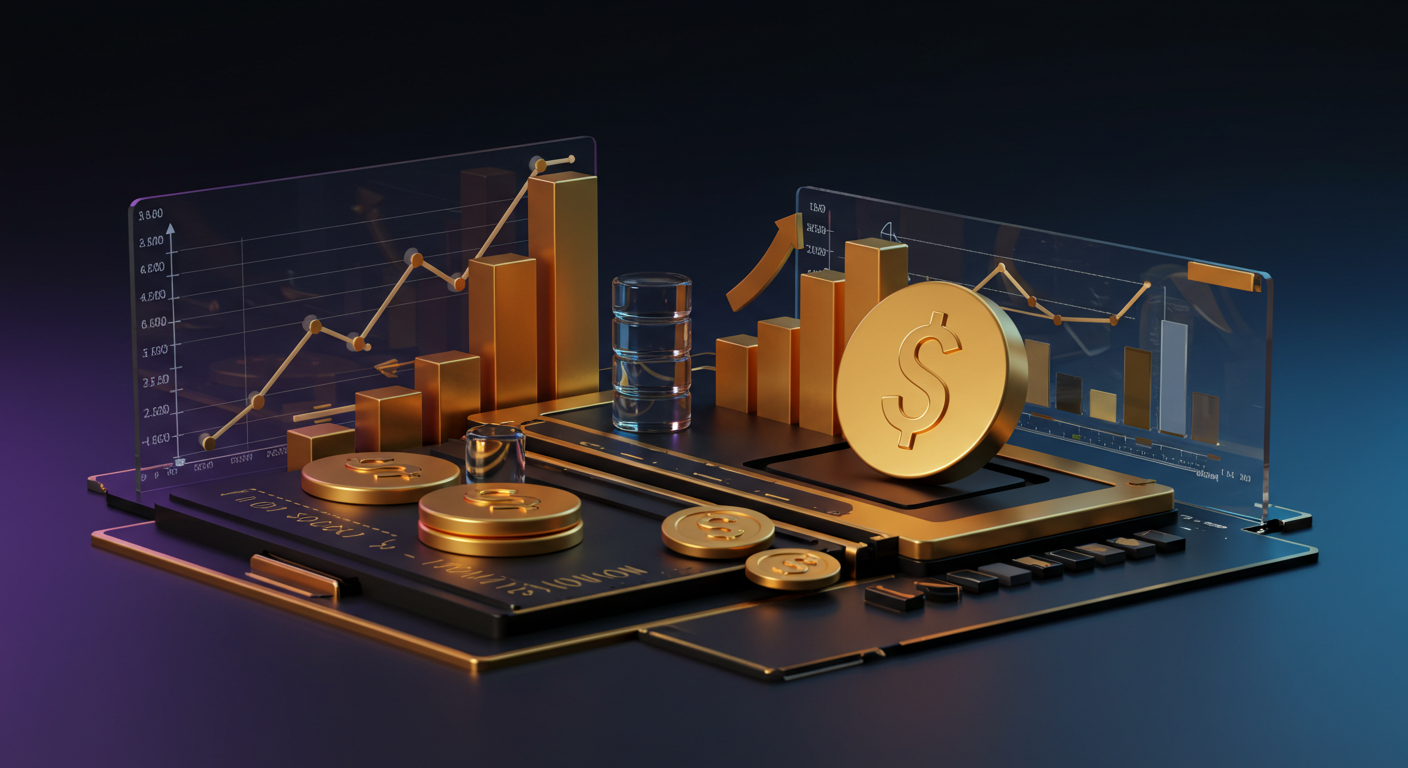 Golden coins and a large dollar sign atop a sleek device, with glass panels showing rising bar and line charts to represent financial growth.