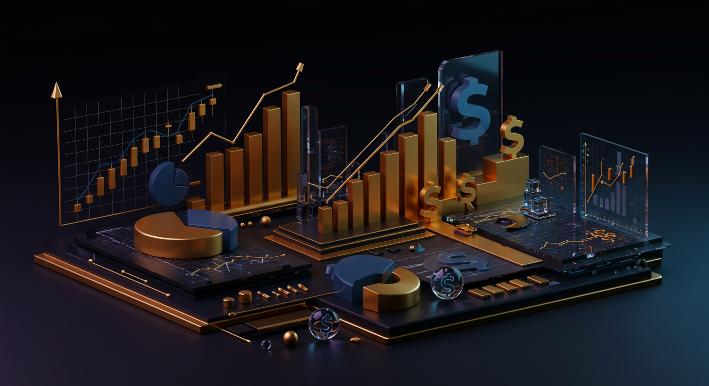 Abstract 3D financial scene with gold bar charts, pie charts, and dollar signs on a dark platform showing growth data.