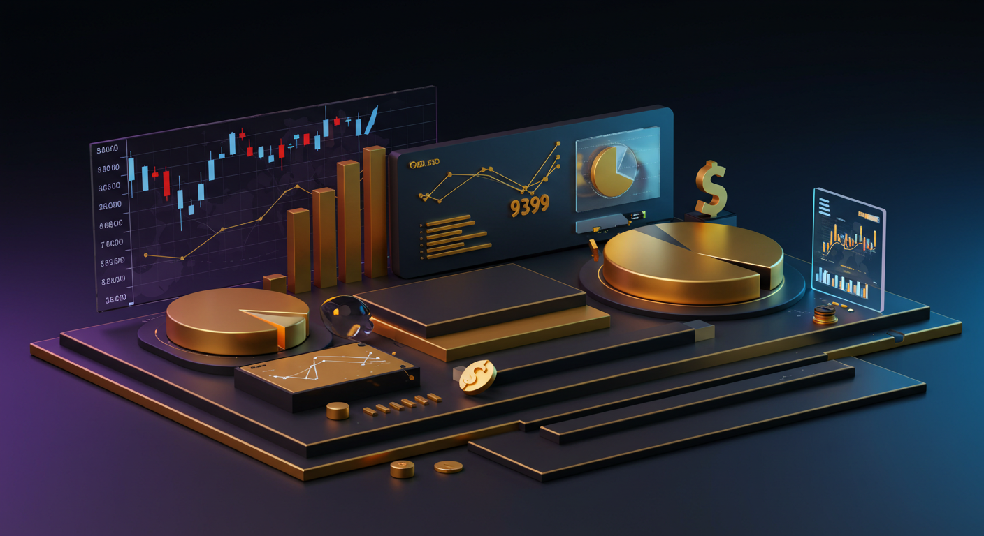 Gold-plated financial dashboard with charts, pie charts, and rising graphs on a dark platform