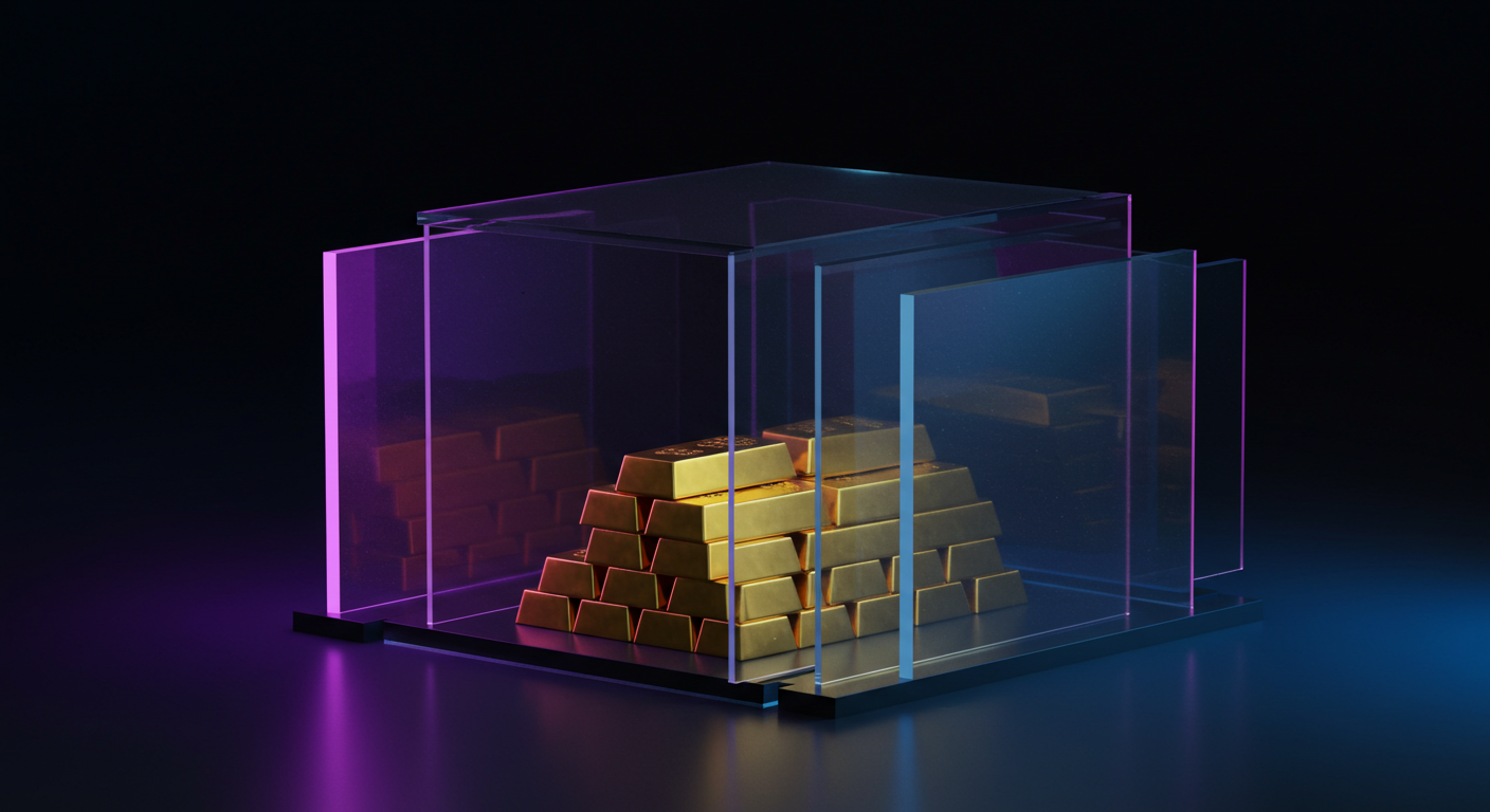Gold bullion stacked in a glass display case illuminated by purple and blue neon lights.