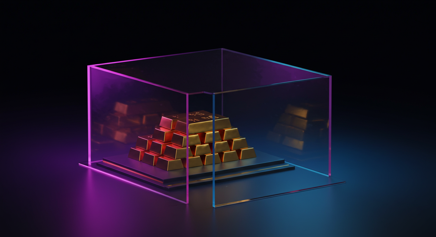 Pyramid of gold bars inside a transparent glass case bathed in pink and blue neon light on a dark background, with reflections on the surface.
