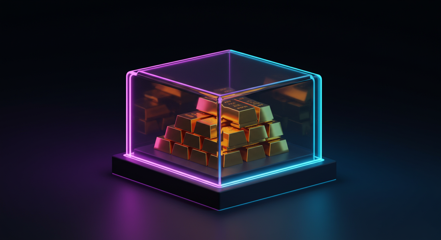 Stack of gold bars inside a glass display case with pink and cyan neon lighting on a dark pedestal base.