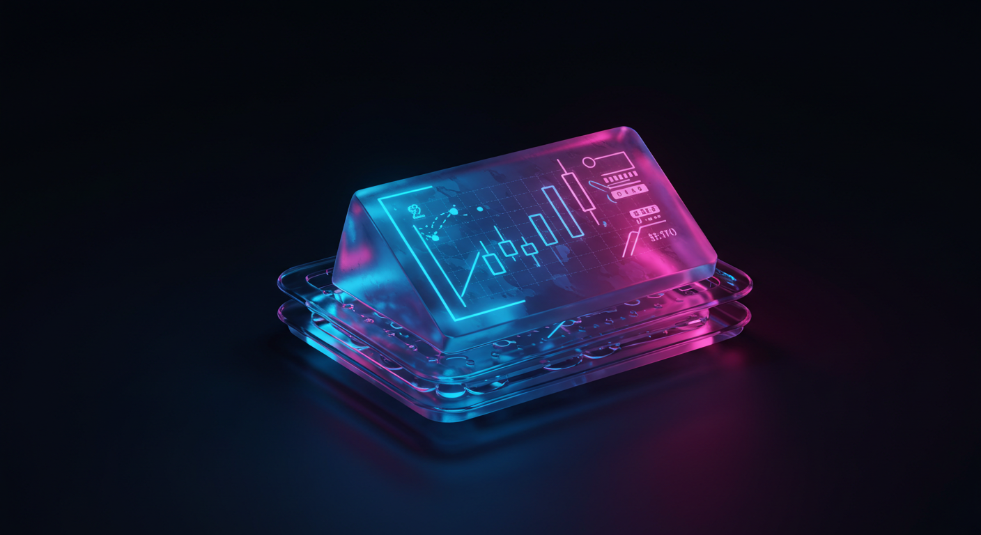 Neon-lit transparent chip with blue and magenta data graphs on a dark backdrop, abstract tech artwork.