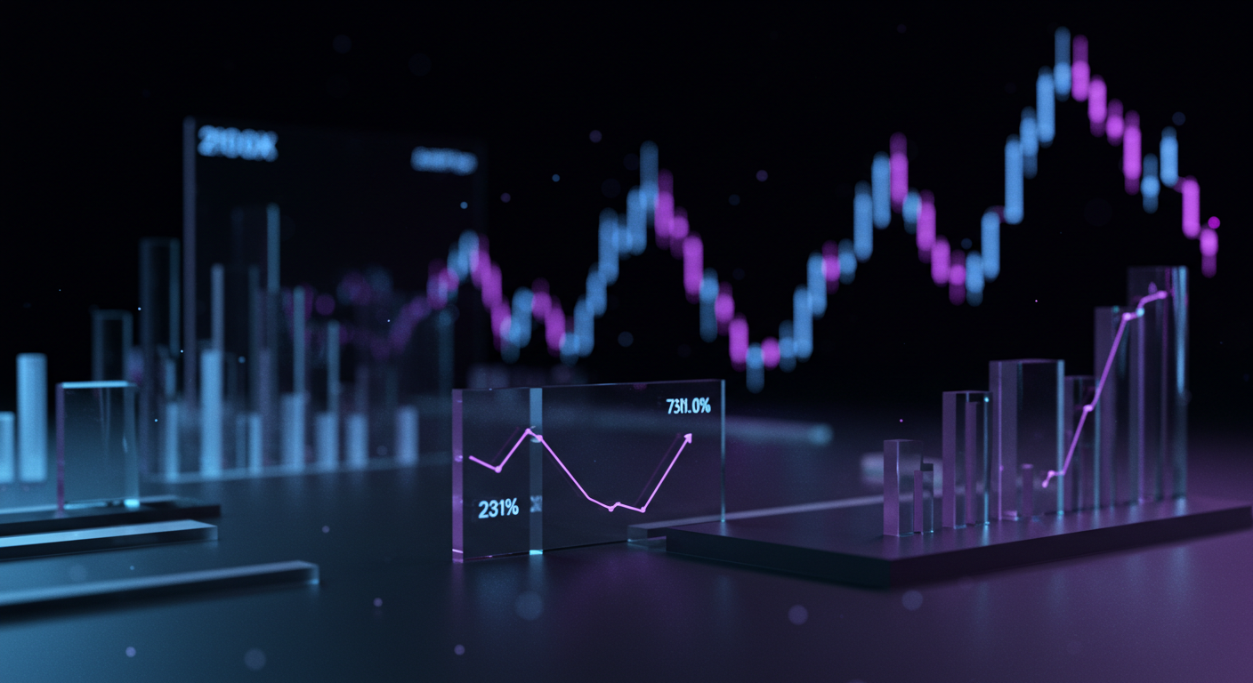 Futuristic data visualization with glowing blue and purple bar charts and a line chart on a dark background