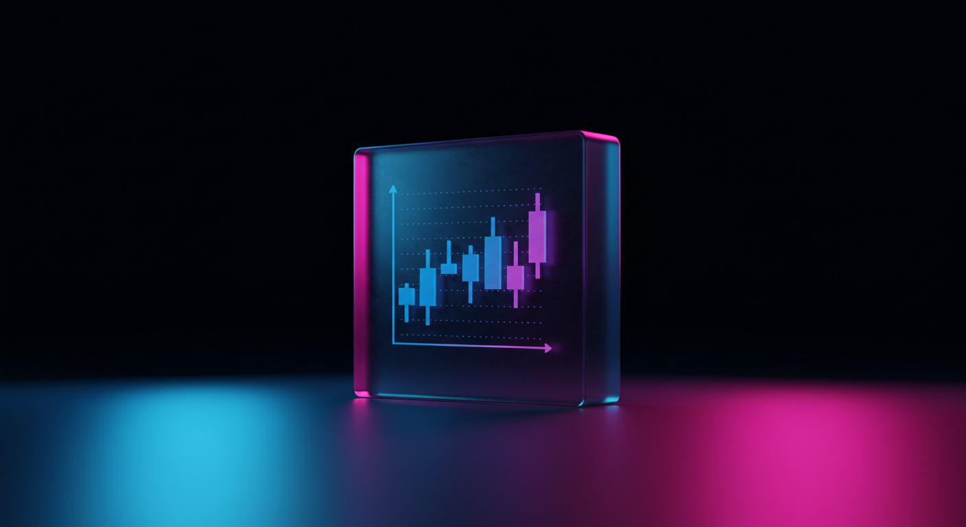 Neon blue and pink candlestick chart displayed on a glowing square panel against a dark background, illustrating stock data rise and fall.