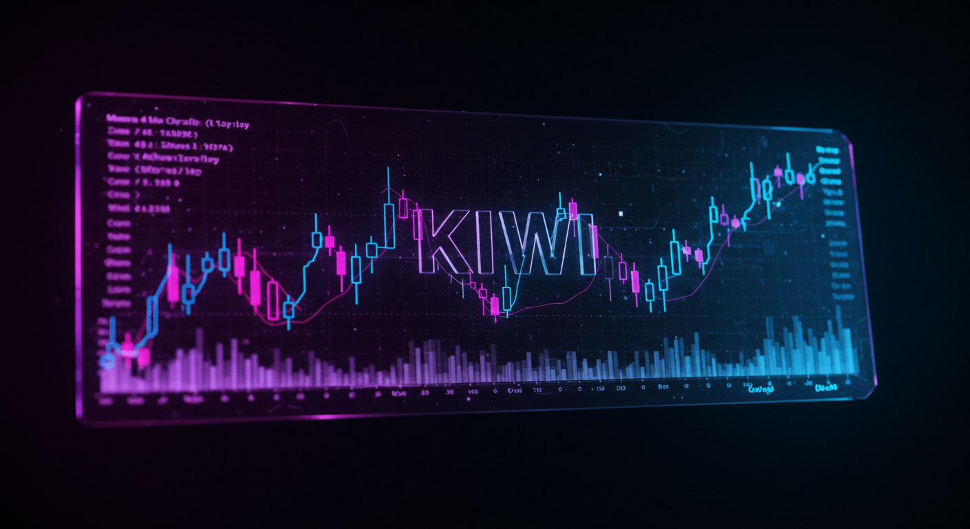 Neon blue and pink candlestick stock chart on a glass panel with a glowing KIWI logo in the center.