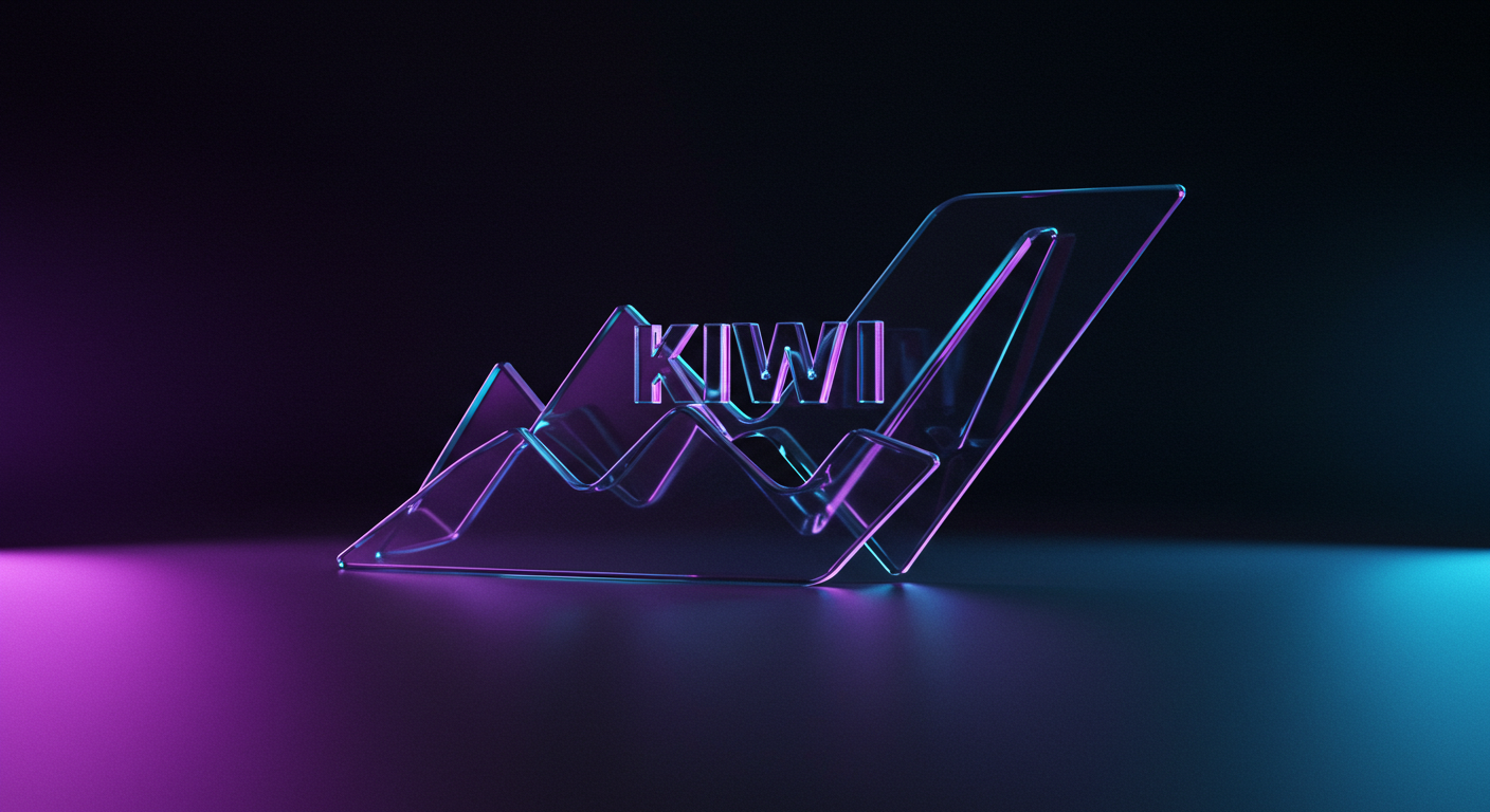 Crystal neon sign sculpture spelling 'KIWII' on a dark gradient background with pink and blue lights.