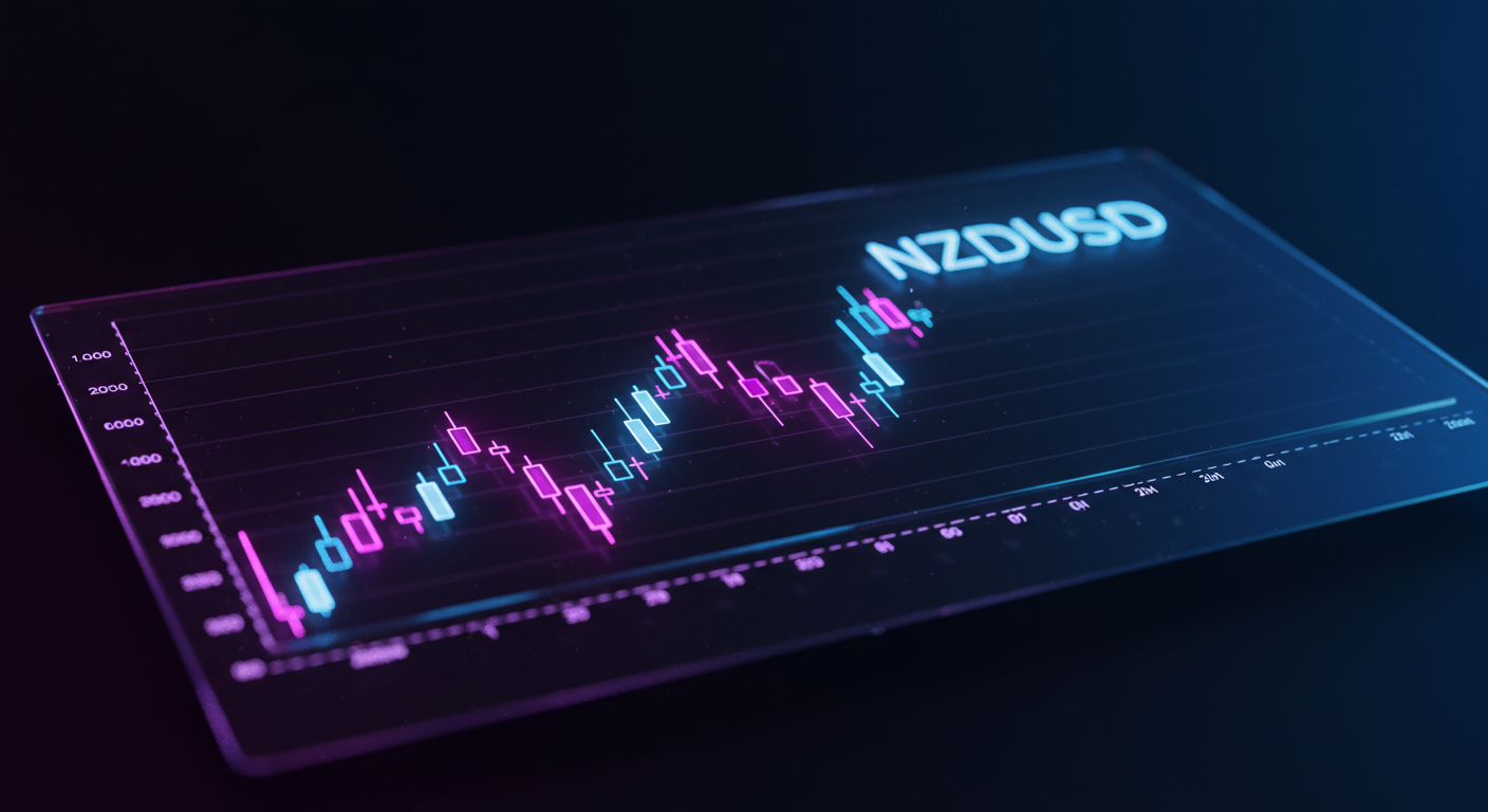 Neon candlestick chart on a translucent panel showing the NZDUSD currency pair