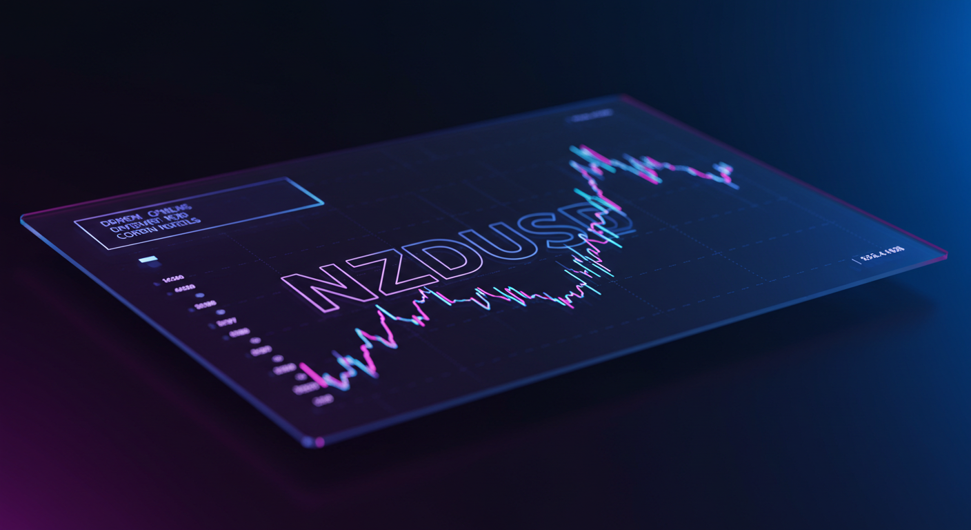 Neon, holographic stock chart on a glass screen showing the NZDUSD currency pair with a jagged blue-pink line graph.