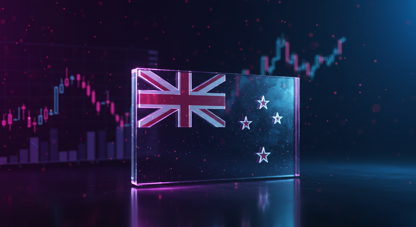 Glass panel displaying the New Zealand flag against a neon stock market chart background.