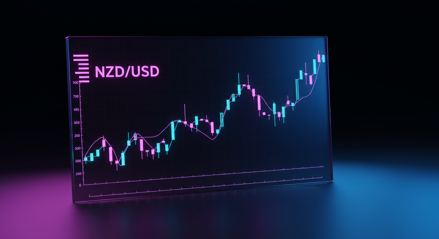 Neon-lit candlestick chart of NZD/USD displayed on a glass monitor.