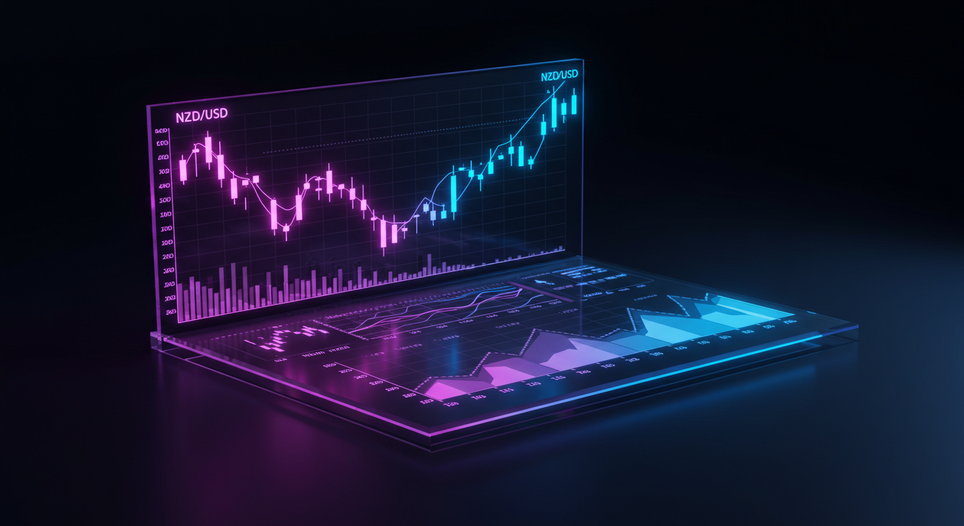 Neon holographic laptop displaying NZD/USD forex chart with pink and blue bars and a volume graph