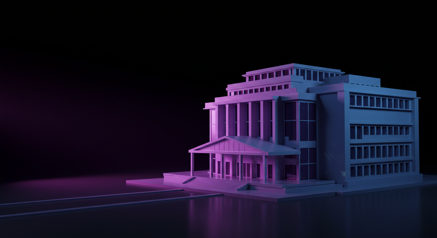 3D architectural model of a modern multi‑story building with a front porch, lit in pink and blue against a dark background