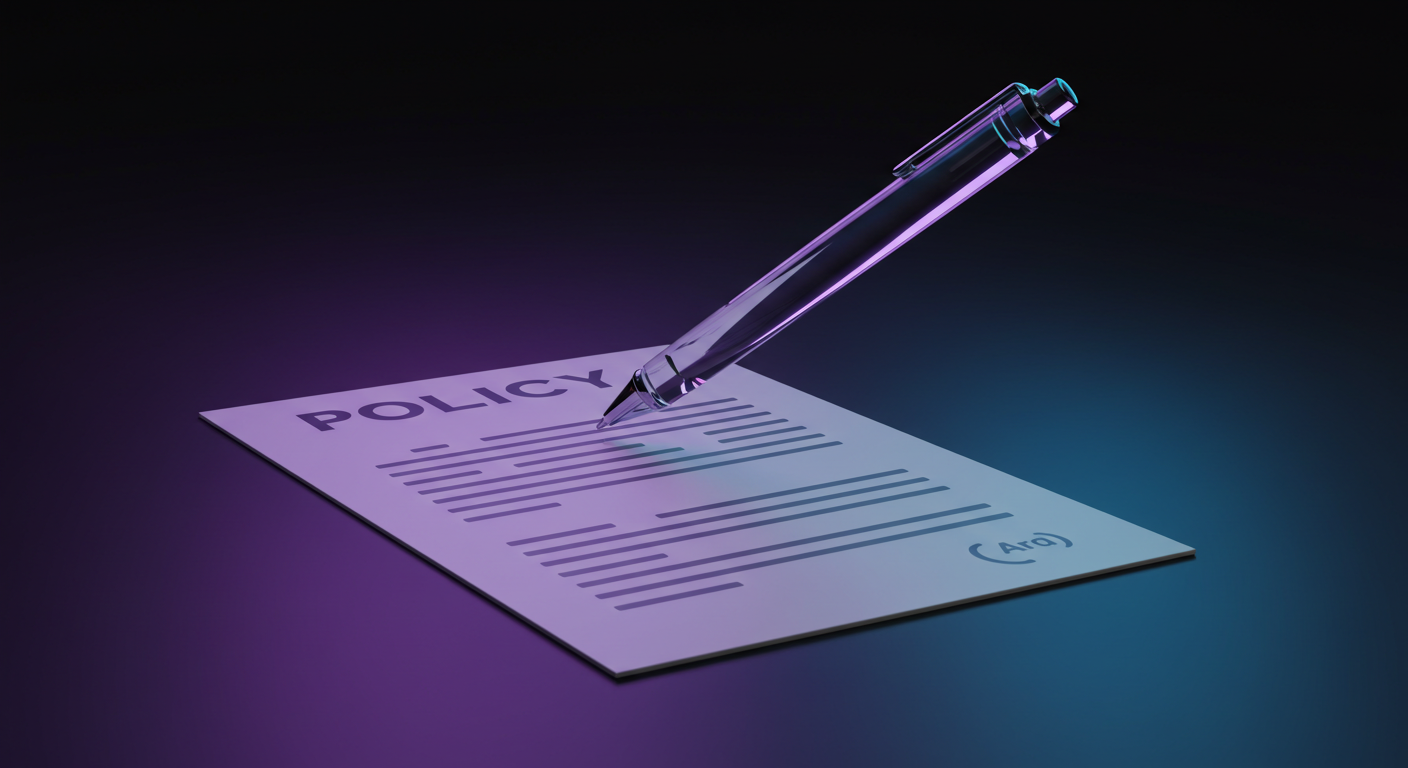 Policy document being signed with a pen, illuminated by purple and blue light on a dark background.