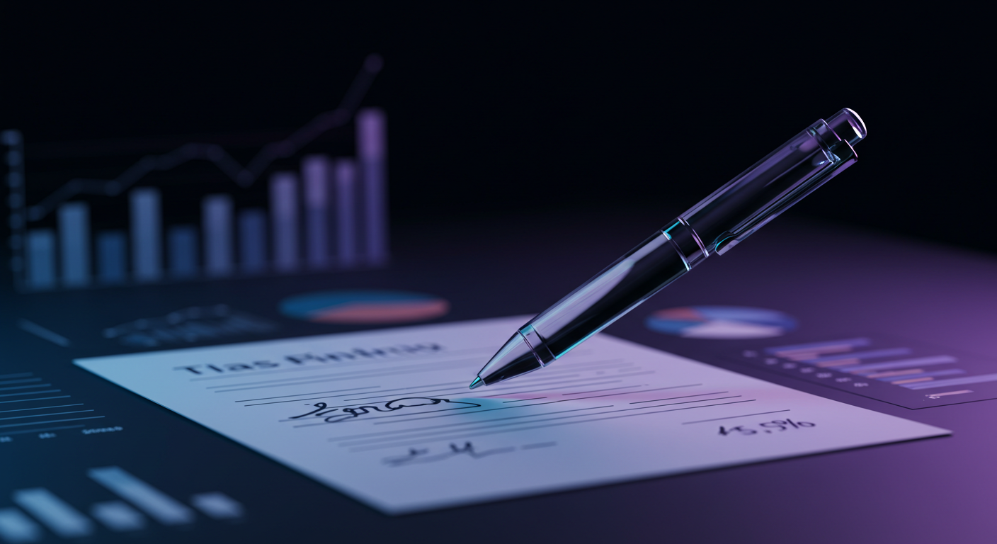 Close-up of a pen signing a document on a desk with graphs and charts in the background, under blue-purple lighting.