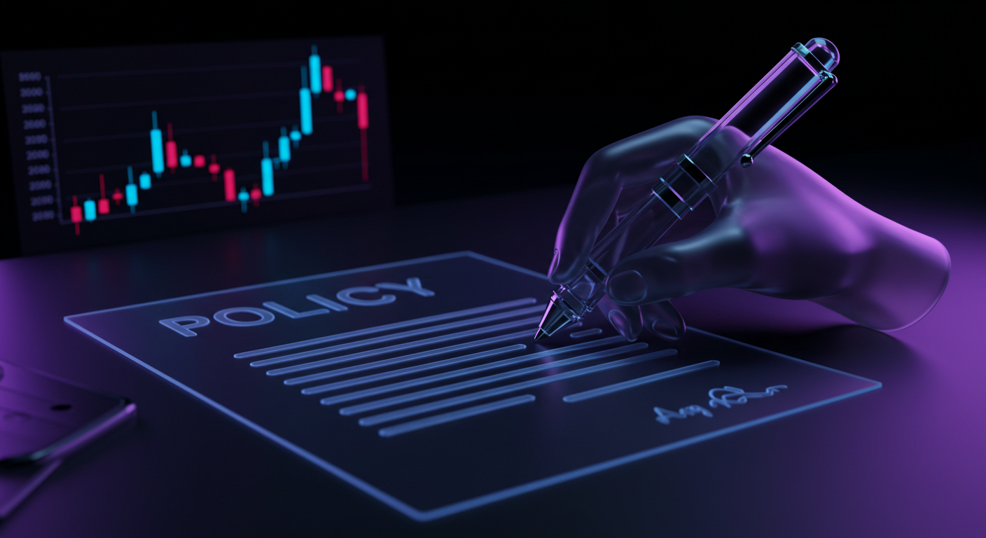 Futuristic hand signs a holographic policy document labeled POLICY with a neon blue interface and a stock chart in the background.
