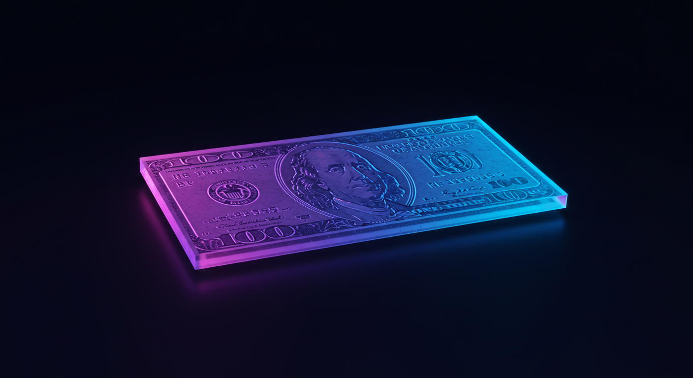 Stack of U.S. $100 bills lit by pink and blue neon on a dark surface, viewed from the side.