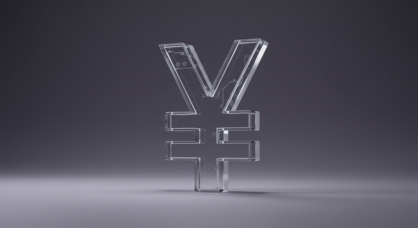 A large, translucent glass Yen symbol (¥) standing on a reflective surface against a dark gradient background.