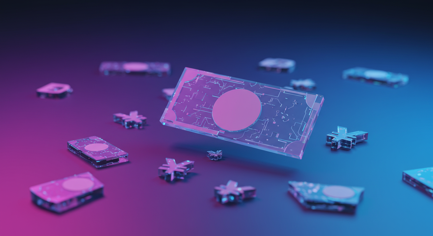 Transparent circuit chip with a pink circular pad hovering above a pink–blue gradient, surrounded by smaller microchips wonky-lighted in neon.