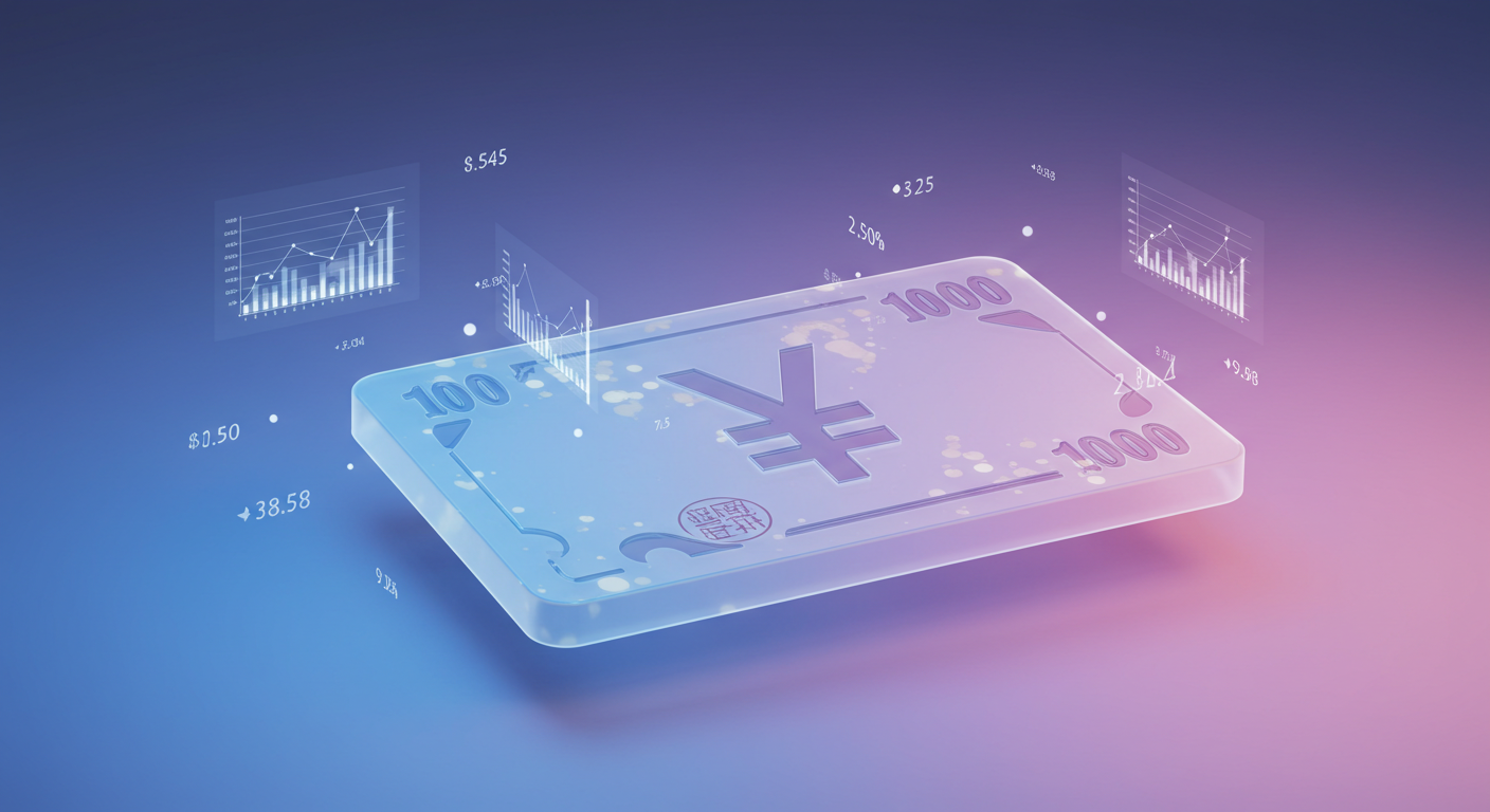 Digital money card with a yen symbol and floating financial charts and numbers around it, in blue-pink glow (fintech concept)