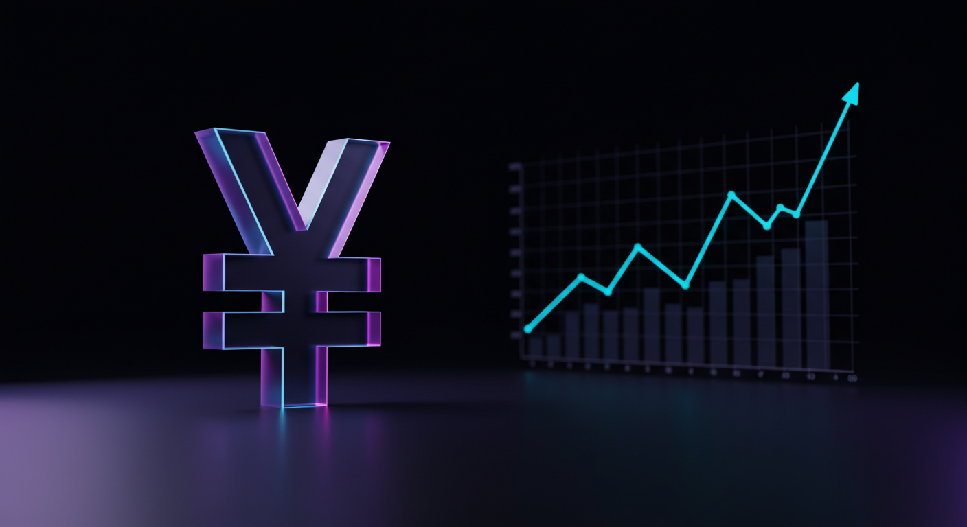 Neon yen symbol beside an upward-trending chart on a dark background.