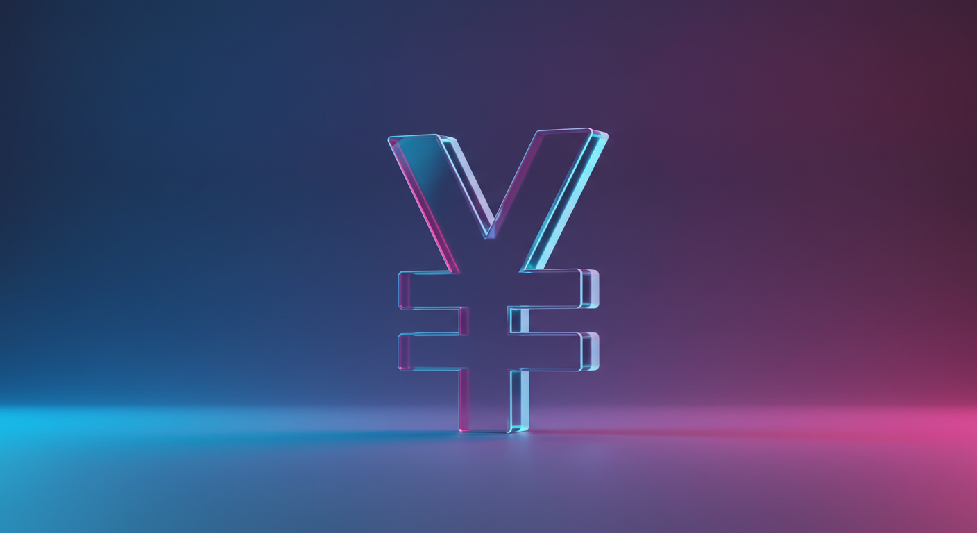 Neon 3D yen symbol (¥) in blue-pink gradient on a reflective surface.