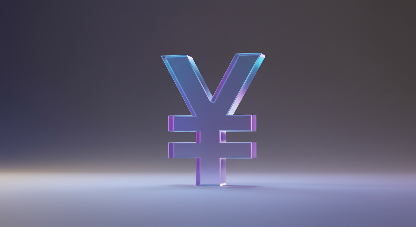 Icon of the Japanese yen currency (¥) rendered in glossy purple on a reflective surface.