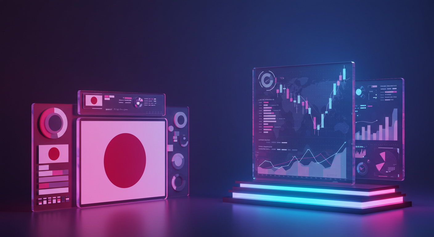 Futuristic data analytics workstation with neon dashboards showing stock charts and a pink screen with a red circle motif on the left.