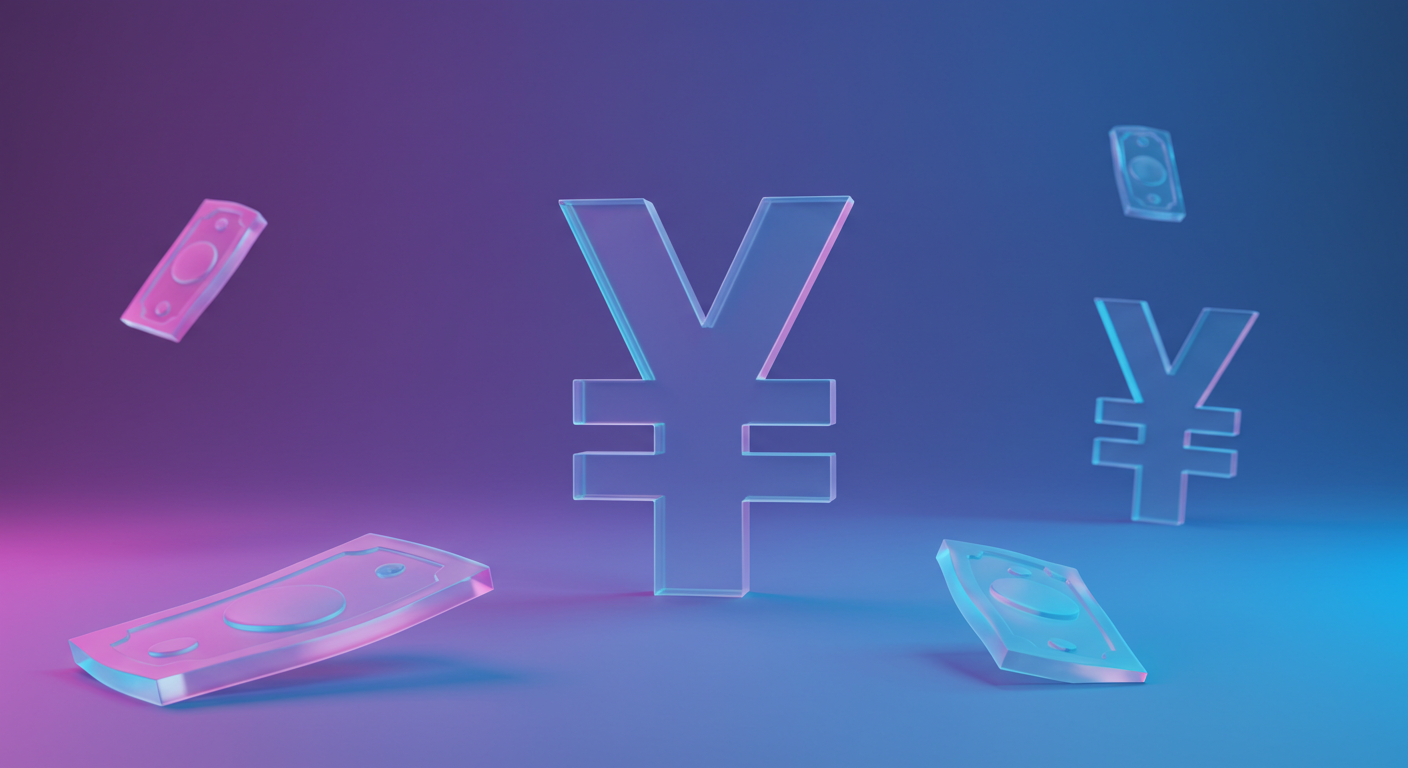 Glowing 3D Yen symbol with floating neon banknotes in a blue-pink studio setting.